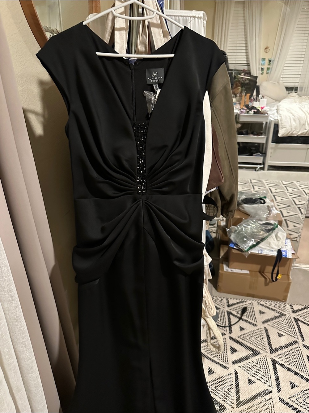 Brand new w/ tag Adrianna Papell Black V-Neck Beaded Ruched Evening Gown